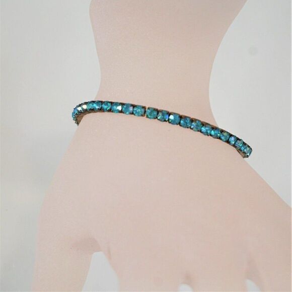 Rhinestone Chain Stretch Bracelet Blue Tennis Vintage - Picture 7 of 9